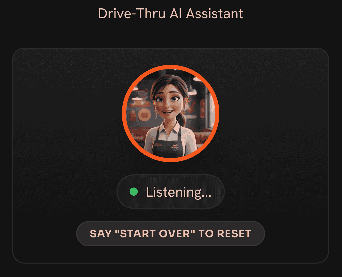Drive-thru AI assistant screen: the host avatar ringed in orange, a “Listening…” status pill, and a prompt reading “Say ‘start over’ to reset”.