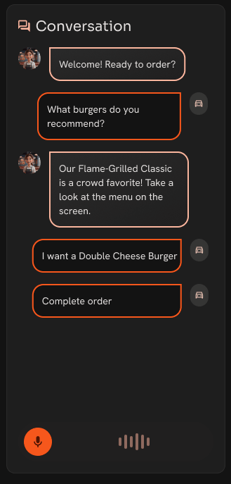 Drive-thru conversation panel: an alternating transcript between the AI host and the customer, from “Welcome! Ready to order?” through to “Complete order”, with a mic button below.