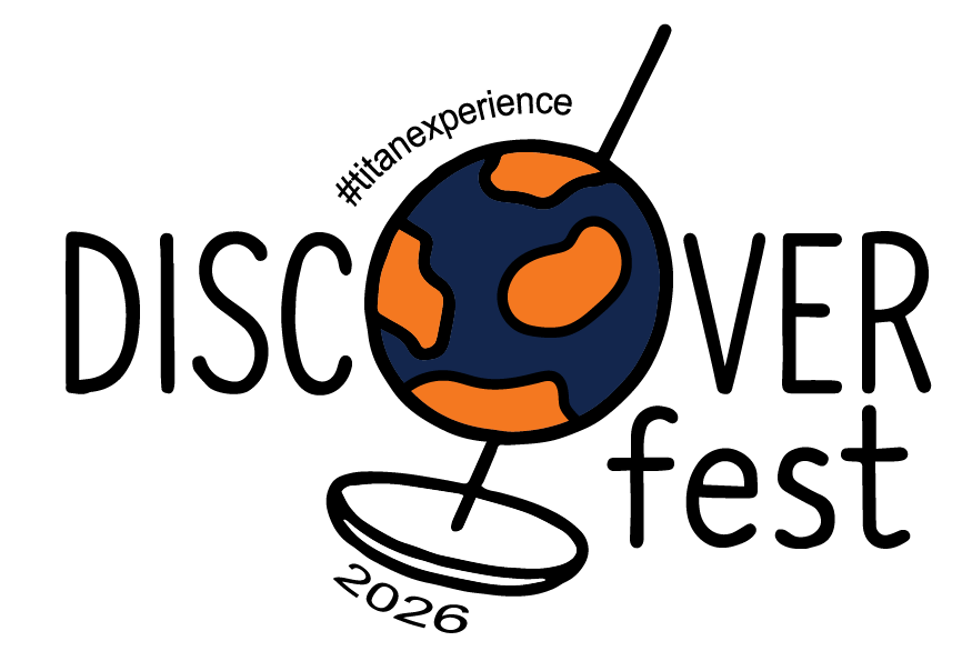 Discoverfest text-based concept: “DISCOVER” in outlined capitals with a navy and orange globe standing in for the O, “fest” in lowercase script, plus #titanexperience and 2026 lettered around the globe stand.