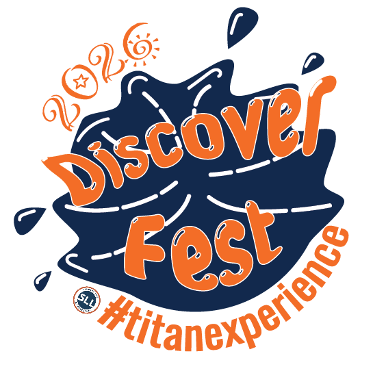 Discoverfest “Puddle Splash” concept: “Discover Fest” in orange brush lettering across a navy splash shape, with 2026, scattered droplets, the SLL badge and #titanexperience.