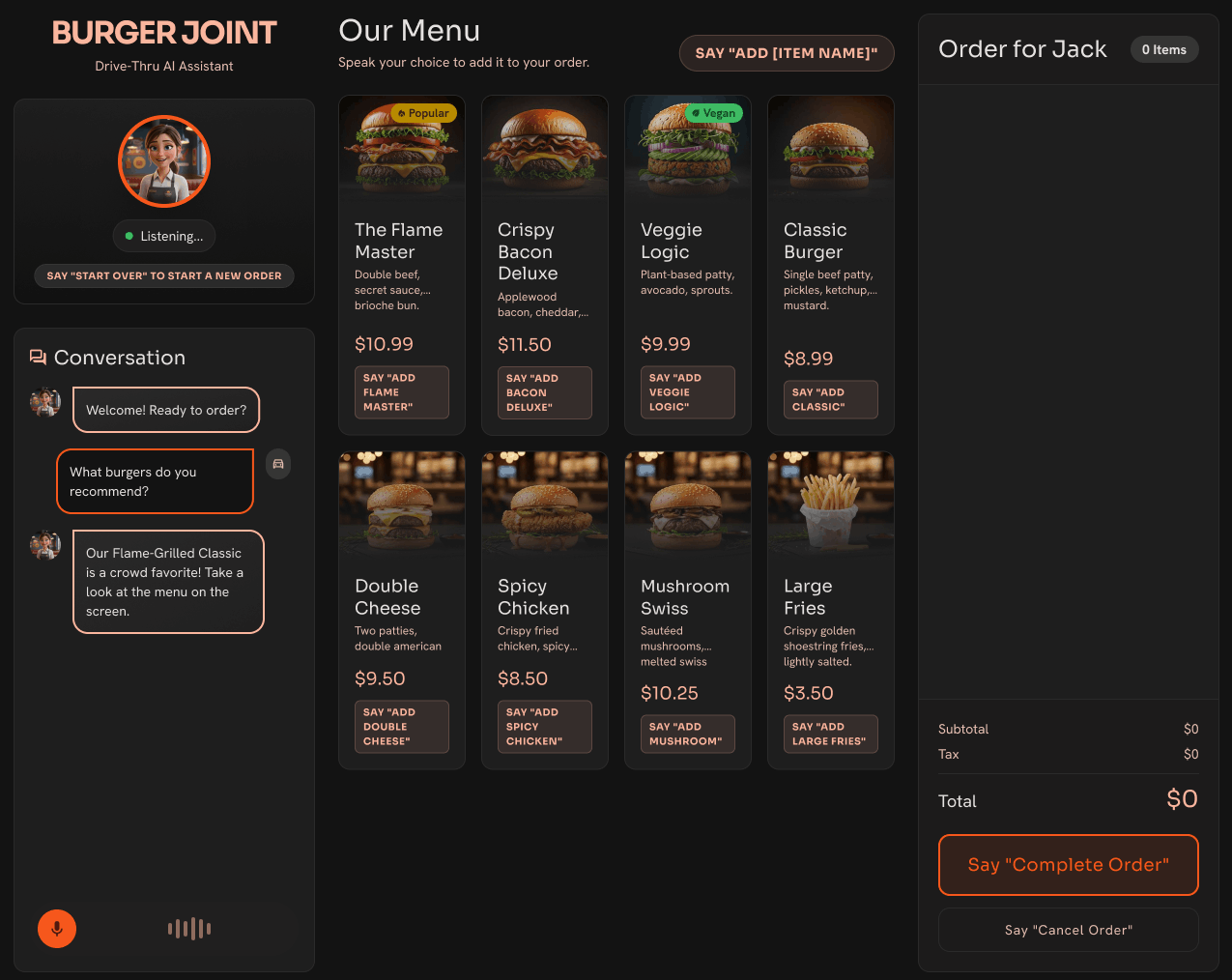 Burger Joint drive-thru kiosk screen: the AI host and live conversation panel on the left, a voice-orderable menu grid in the middle, and the running order total on the right.