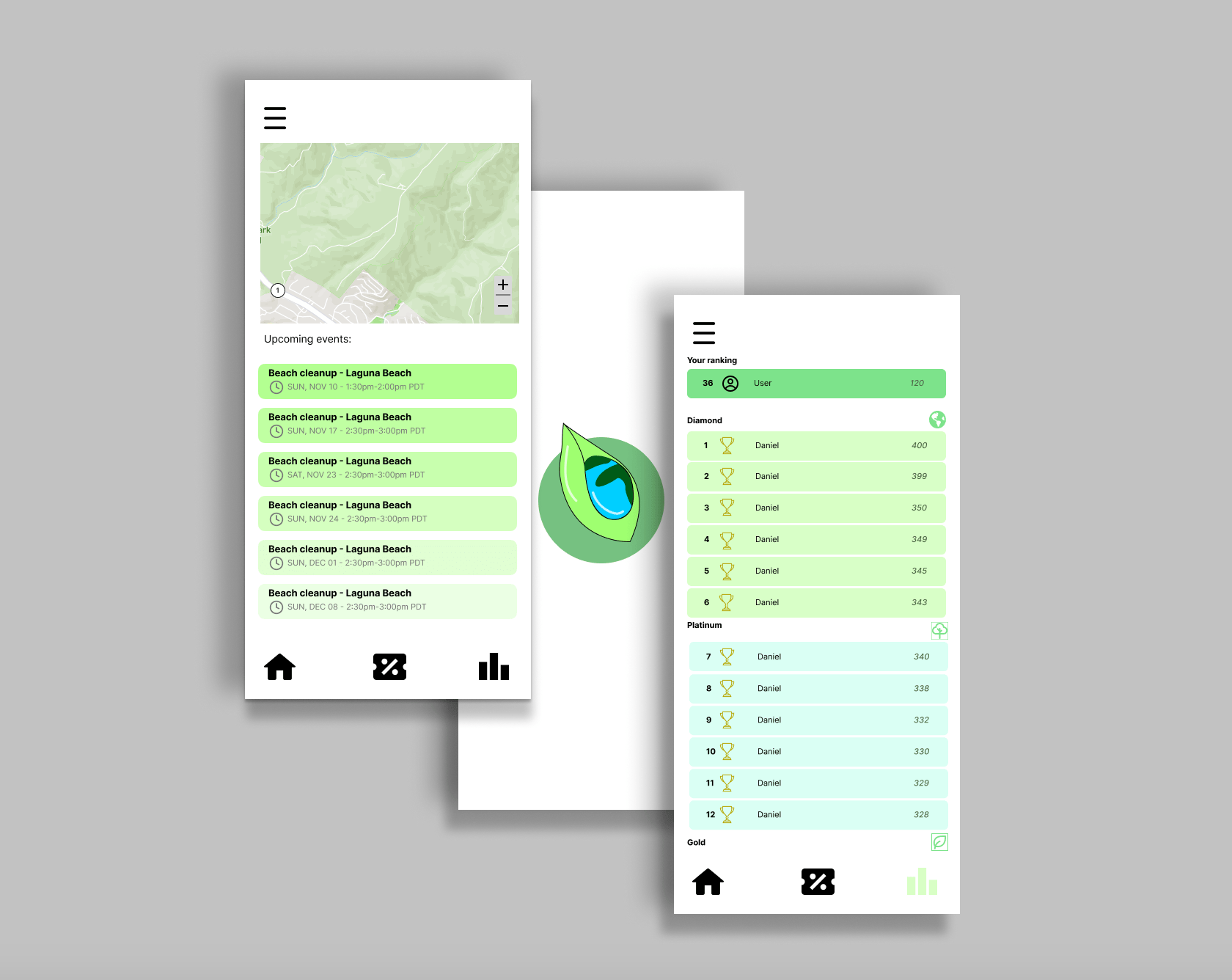 GreenTogether app screens: the events map with a list of upcoming Laguna Beach cleanups beside the tiered leaderboard, with the app's leaf logo between them.