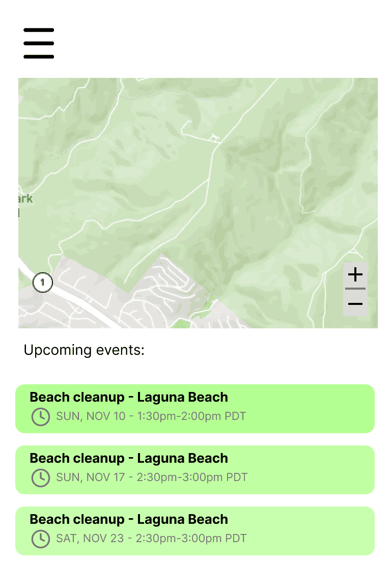 GreenTogether interactive map screen: a park map with a numbered event pin, above a list of upcoming Laguna Beach cleanups with their dates and times.